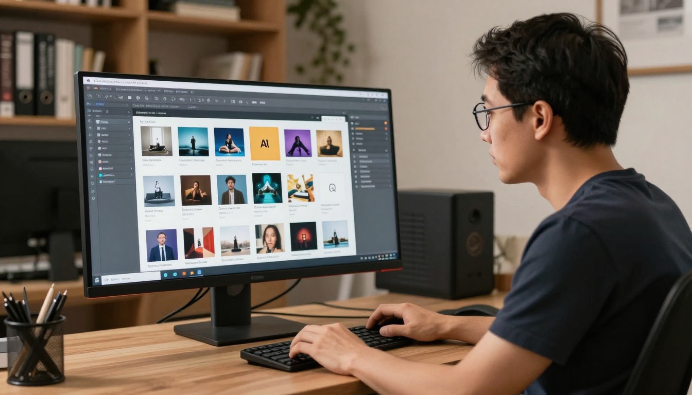 A male graphic designer reviewing a catalog page arrangement interface on a large widescreen monitor A male graphic designer reviewing a catalog page arrangement interface on a large widescreen monitor