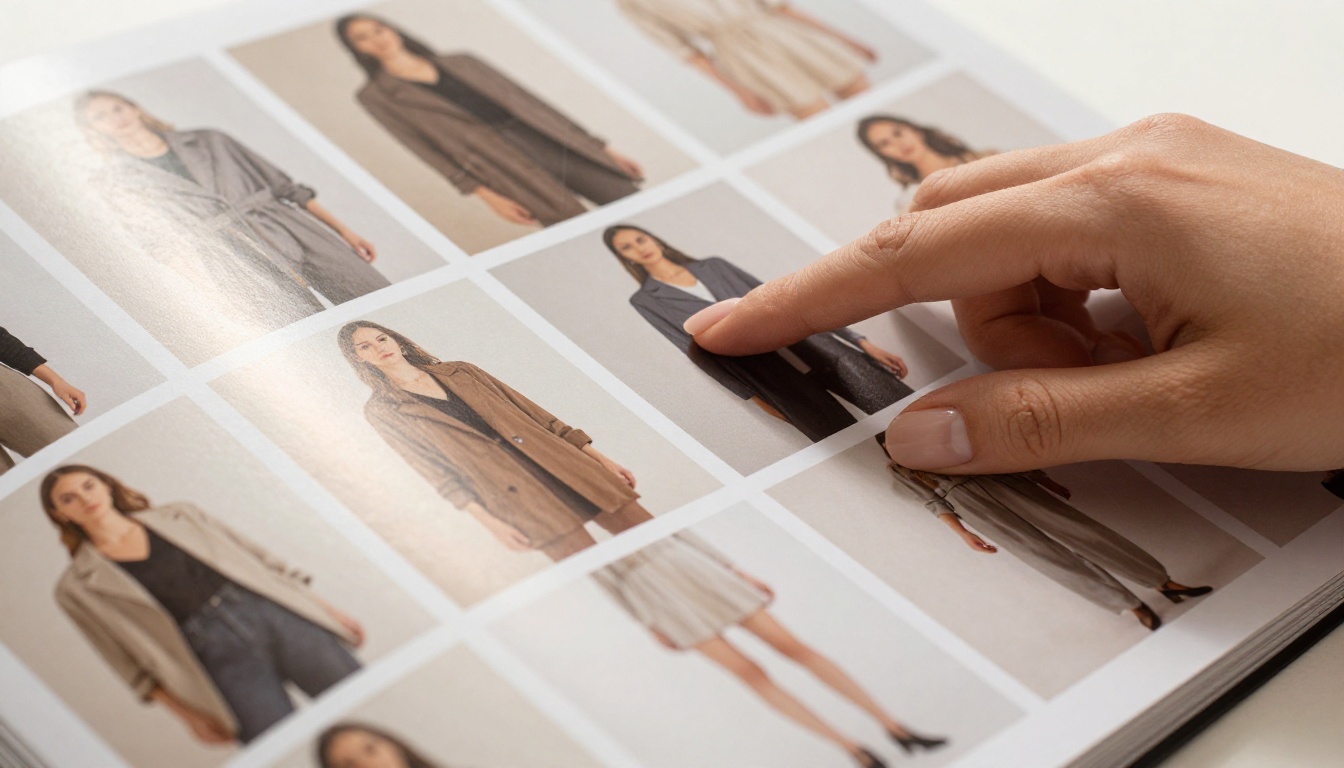 A fashion catalog opened to a double-page spread showing women's clothing with a hand reaching to turn the page A fashion catalog opened to a double-page spread showing women's clothing with a hand reaching to turn the page