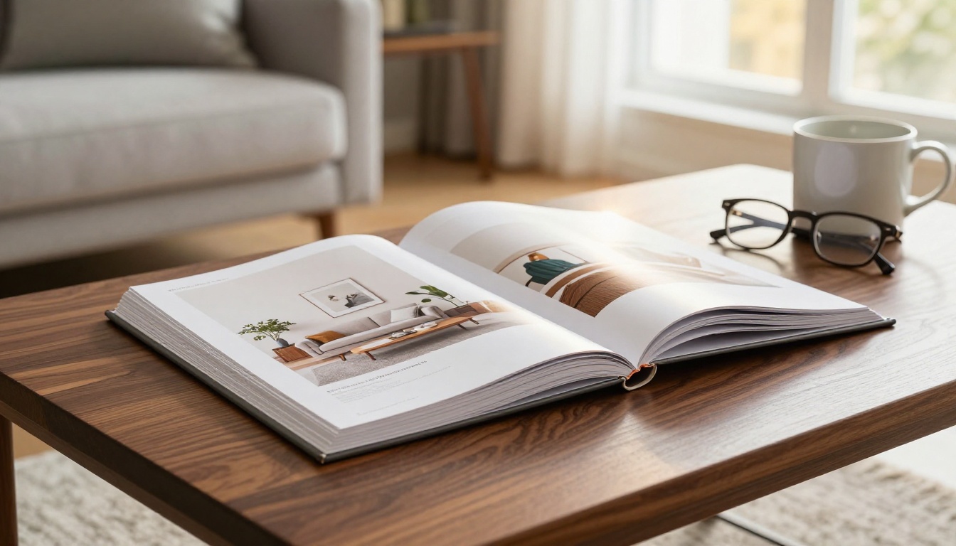 A home furnishings product catalog open on a dark walnut coffee table with warm afternoon window light A home furnishings product catalog open on a dark walnut coffee table with warm afternoon window light