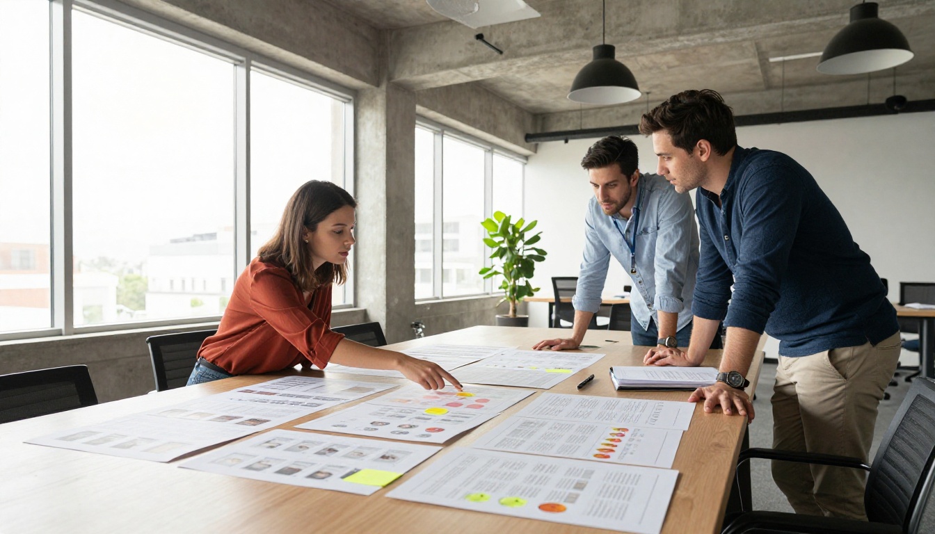 A creative team reviewing printed catalog pages arranged across a conference table with sticky notes marking preferred positions A creative team reviewing printed catalog pages arranged across a conference table with sticky notes marking preferred positions