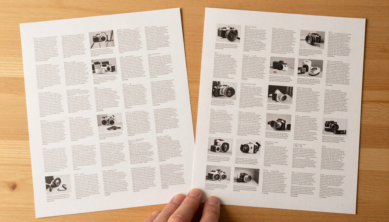 Two printed catalog page layouts side by side comparing a scattered arrangement with a clean structured AI-optimized grid