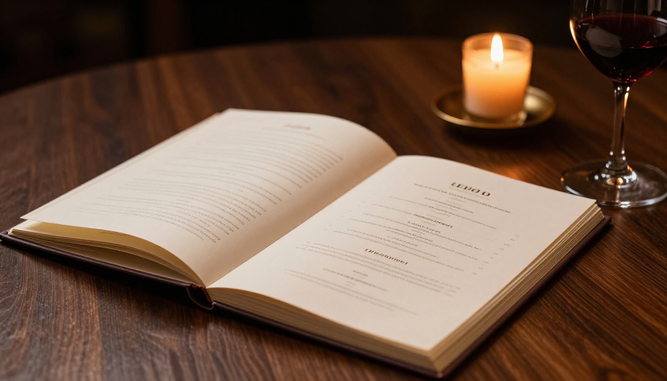 A restaurant food menu open on a dark walnut table with candlelight and a partially filled wine glass