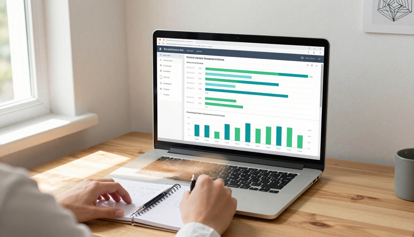 A laptop displaying a catalog analytics dashboard with attention heatmaps and bar charts on a pine desk