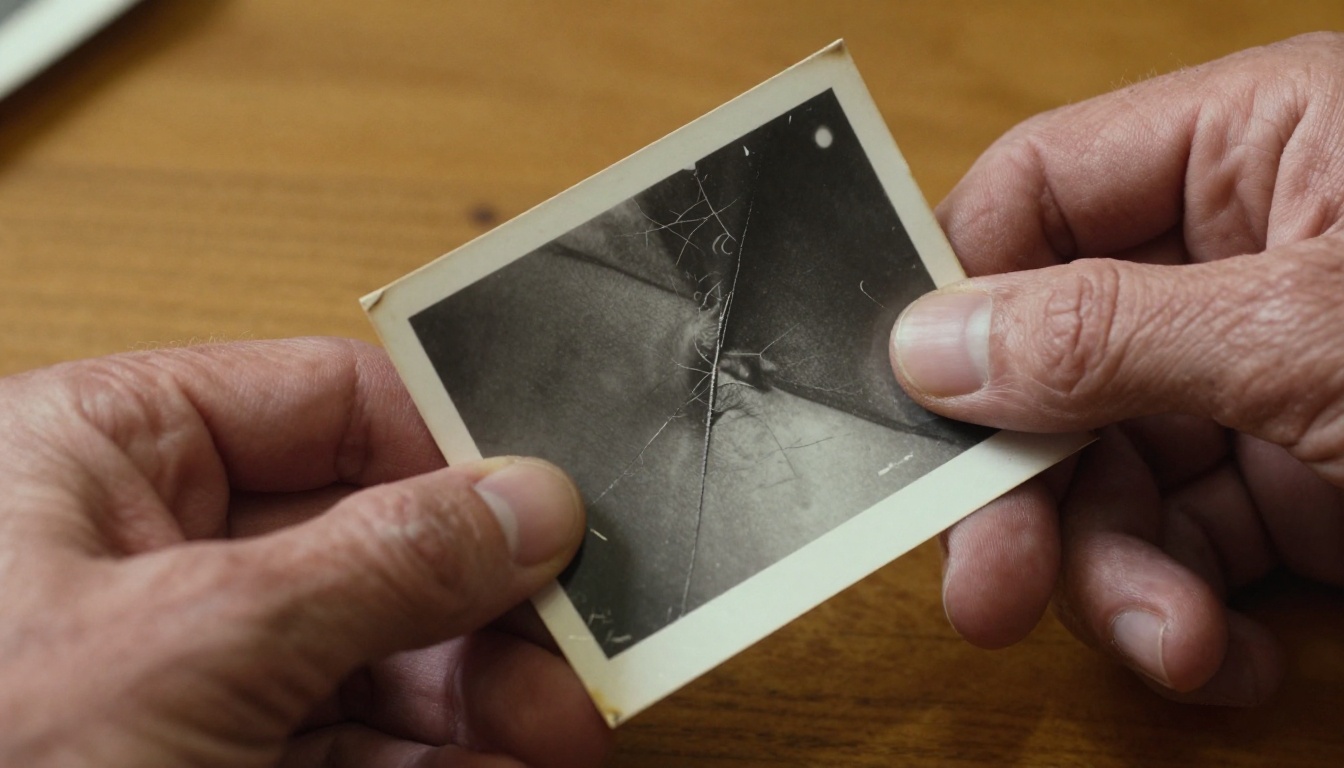 Hands carefully holding a damaged vintage black-and-white family photograph Hands carefully holding a damaged vintage black-and-white family photograph