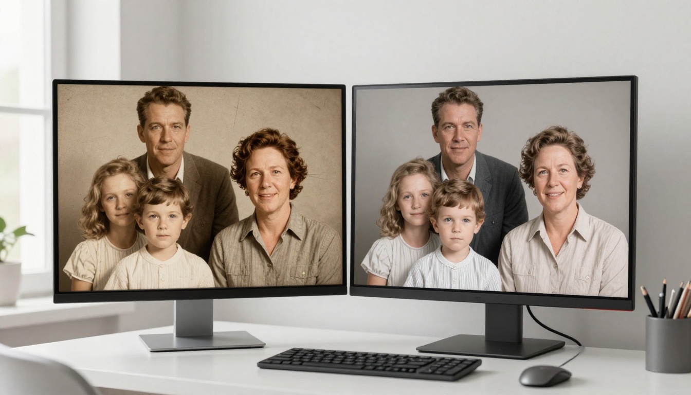 Before and after AI photo restoration displayed on a computer monitor Before and after AI photo restoration displayed on a computer monitor