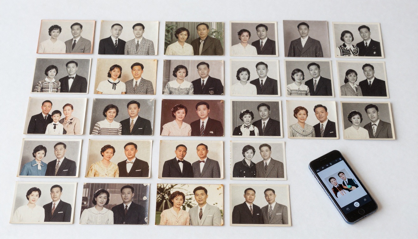 Aerial flat lay of vintage family photographs from multiple decades spread on a white surface Aerial flat lay of vintage family photographs from multiple decades spread on a white surface