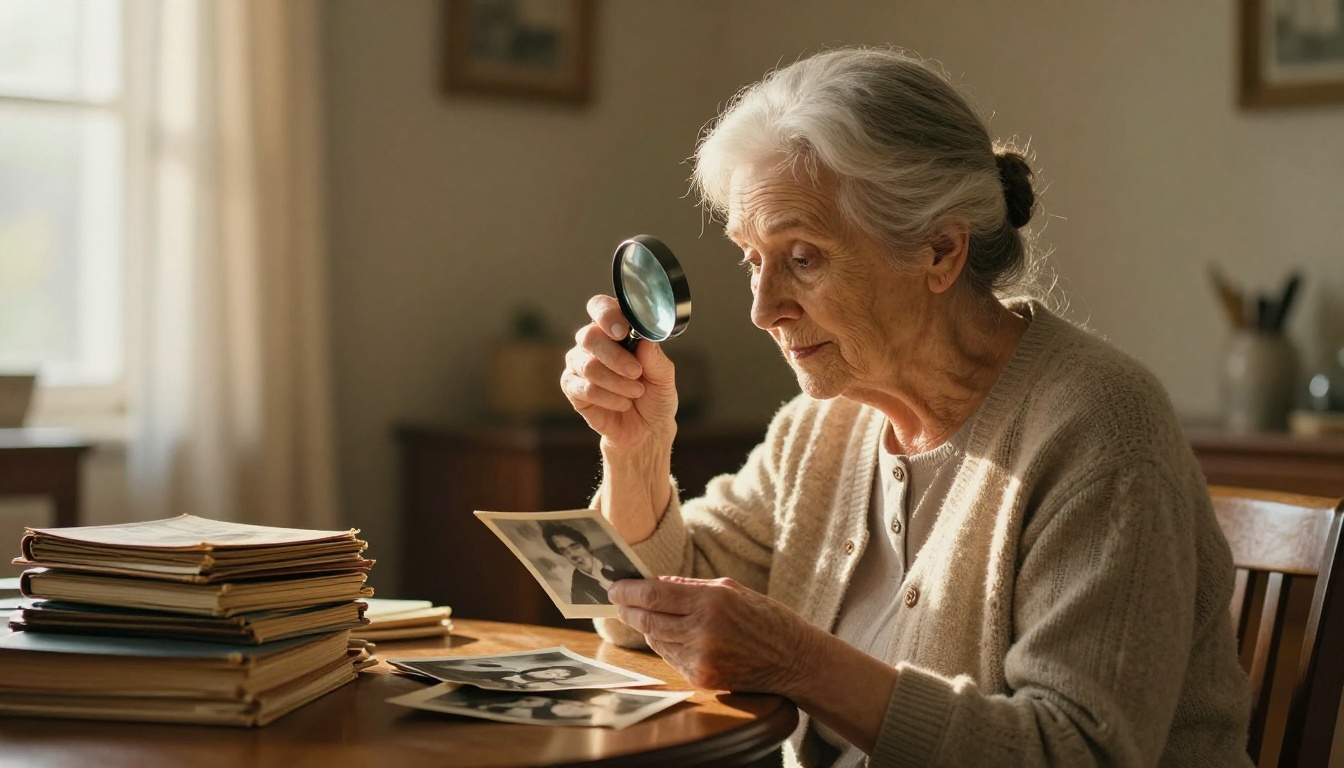 Elderly woman examining old family photographs with a magnifying glass in warm afternoon light Elderly woman examining old family photographs with a magnifying glass in warm afternoon light