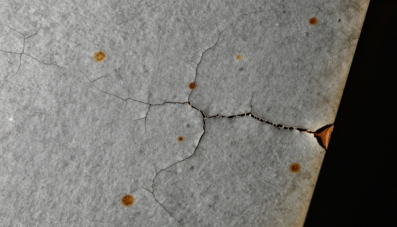 Macro close-up of an old photograph surface showing emulsion cracking and foxing spots Macro close-up of an old photograph surface showing emulsion cracking and foxing spots
