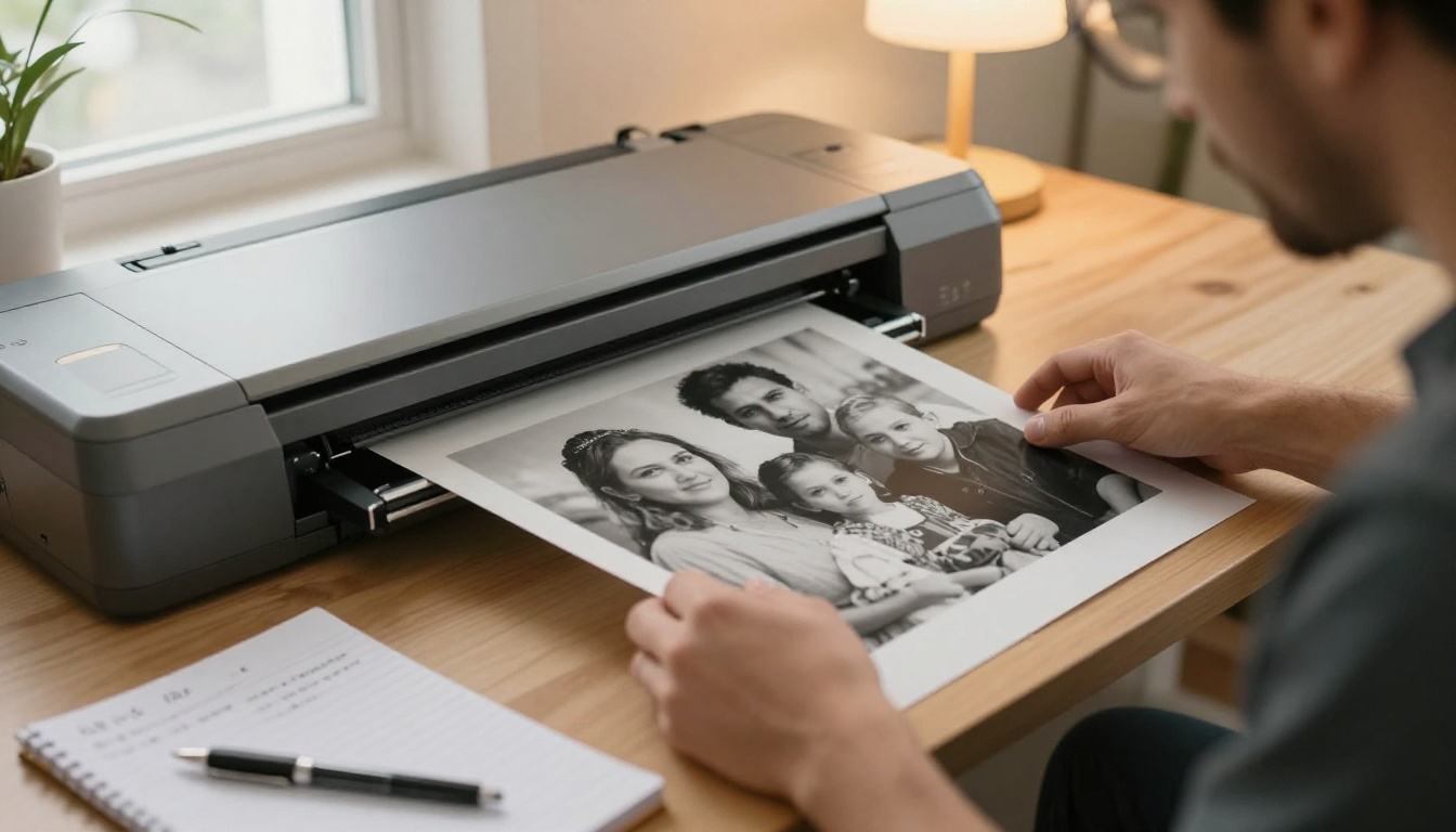 Person carefully placing a vintage family photograph onto a flatbed scanner