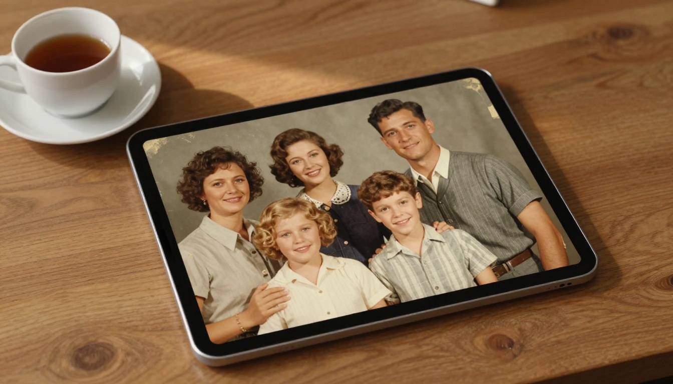 Tablet displaying a colorized restored family portrait alongside the original damaged photograph