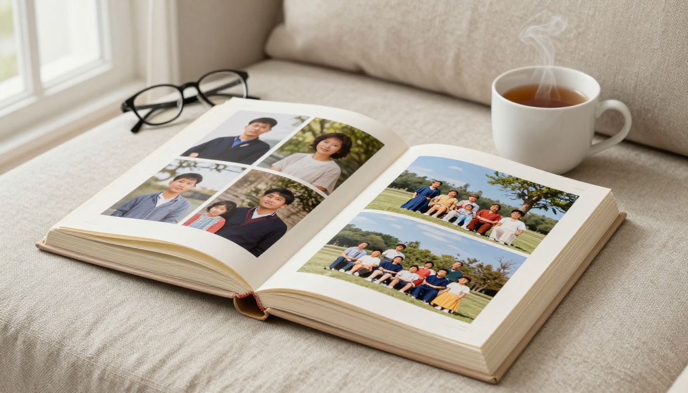 Beautiful modern photo album open on a linen couch showing professionally restored family photographs