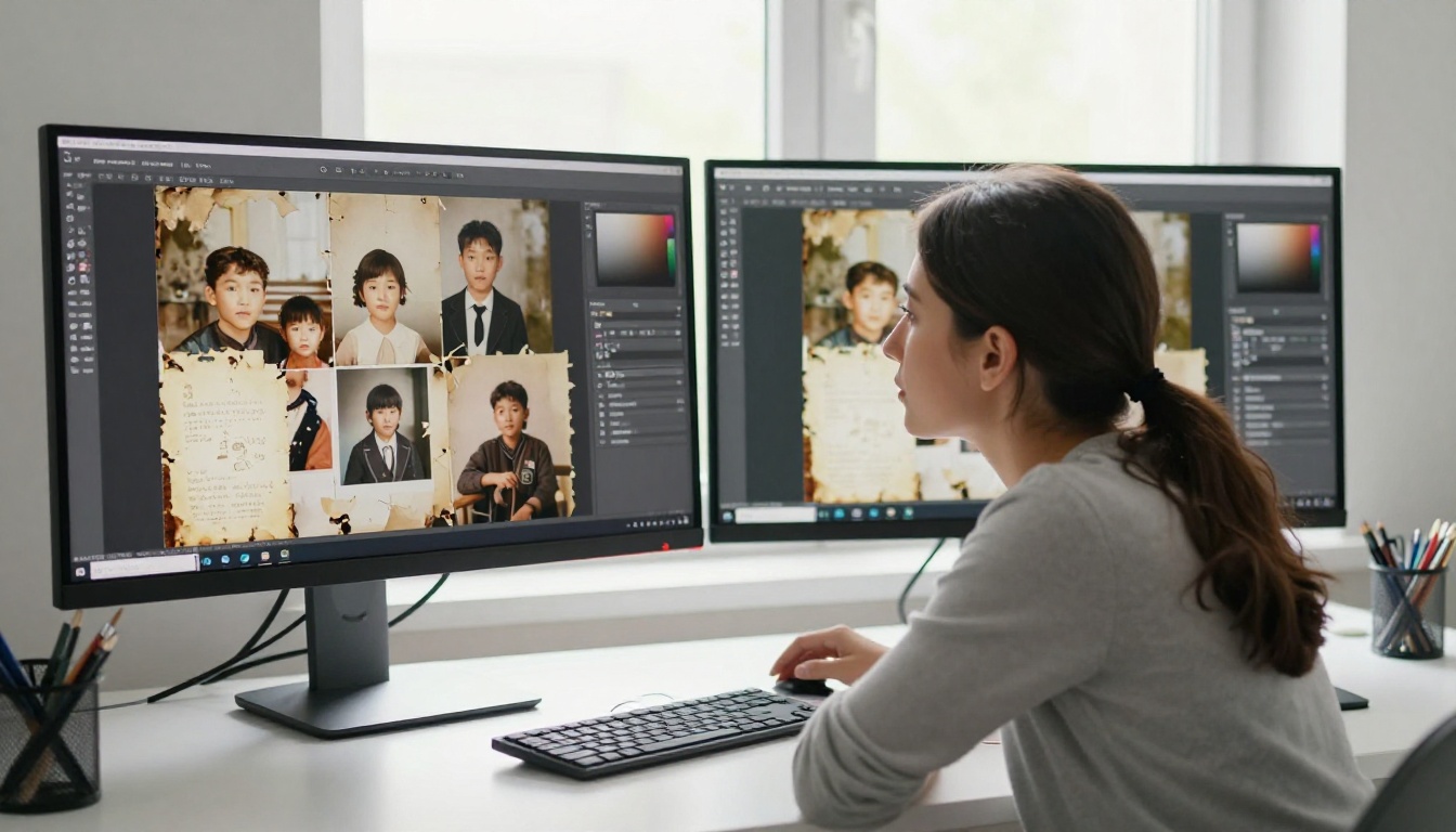 Young woman working at a dual-monitor setup showing a photo restoration workflow