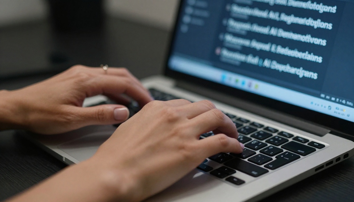 Extreme close-up of hands typing on a backlit keyboard, AI headline variations glowing on a dark screen in the background