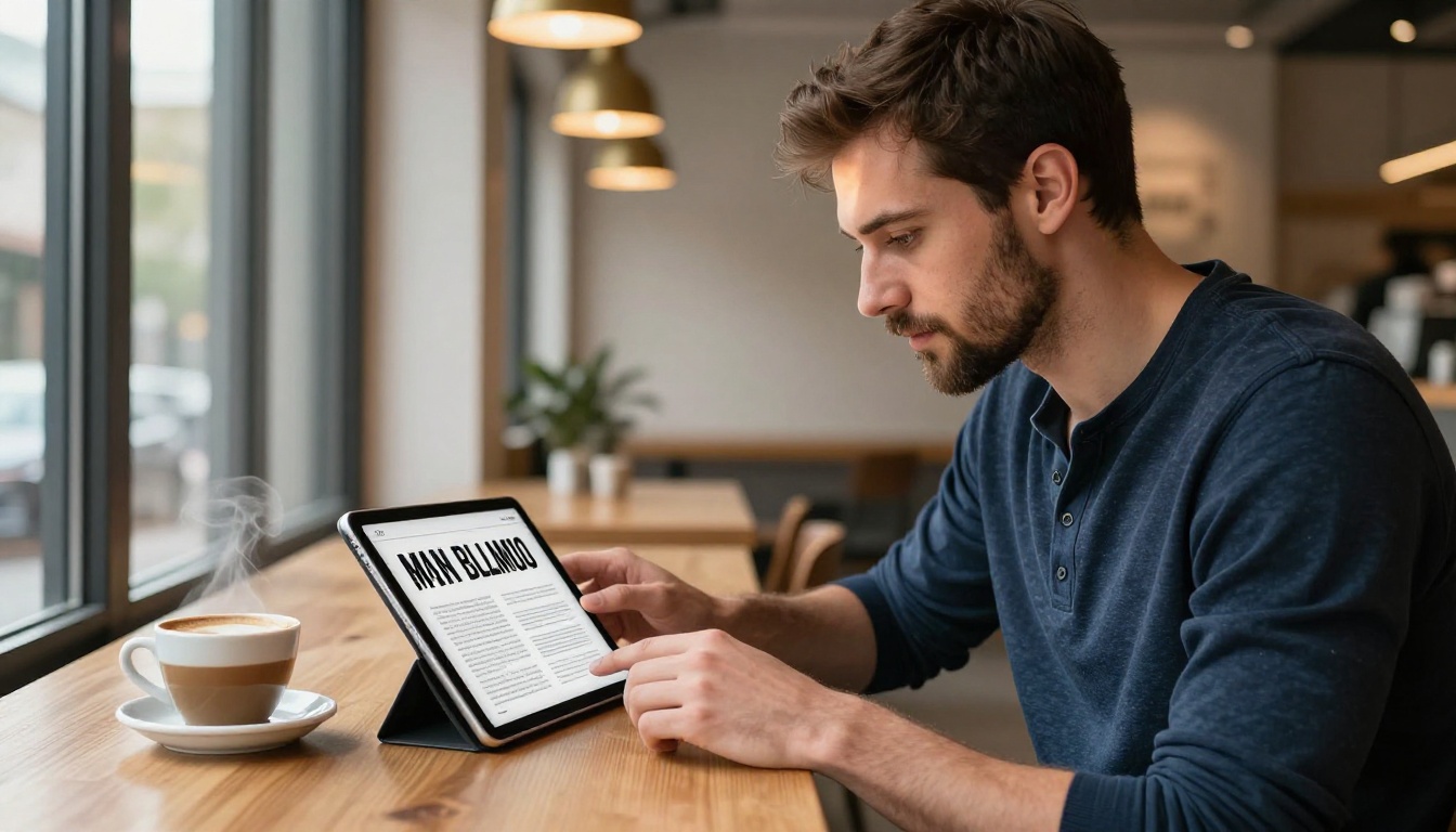 A stylish man reviewing a digital flipbook on an iPad in a modern coffee shop, morning light from the left