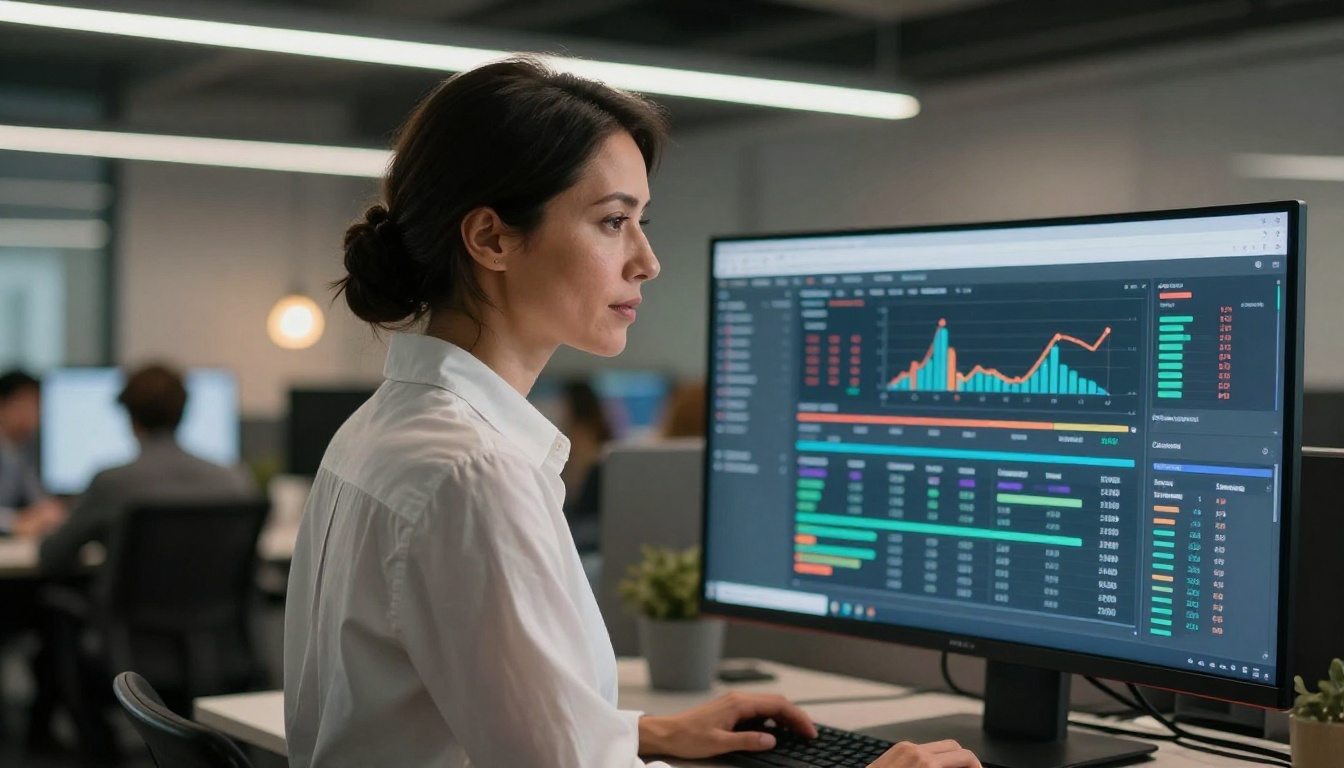 Woman analyzing click-through rate data on a curved monitor in a modern open-plan office