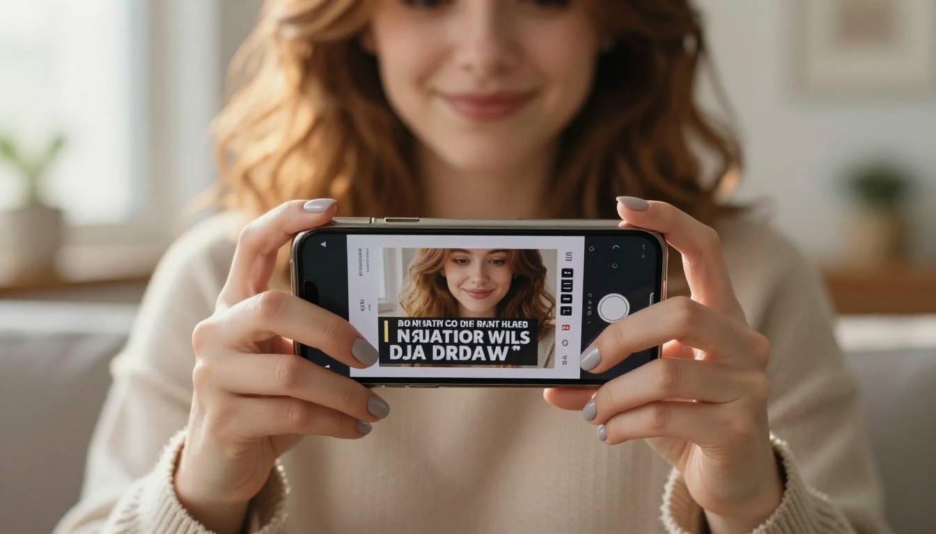 Young woman with auburn hair viewing a digital flipbook on a horizontal smartphone, warm afternoon backlight