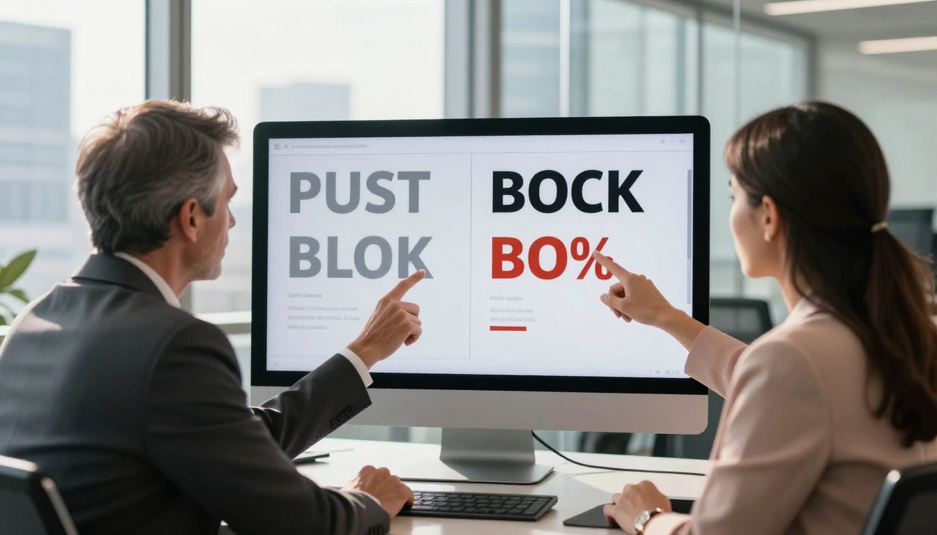 Two business professionals comparing flipbook headlines on a large widescreen monitor in a glass-walled conference room Two business professionals comparing flipbook headlines on a large widescreen monitor in a glass-walled conference room
