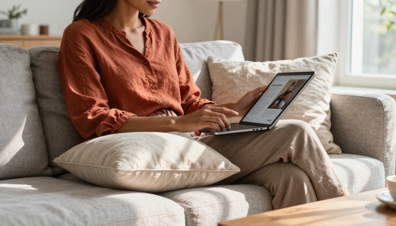 Woman with olive skin scrolling through a digital flipbook on a large tablet, seated on a linen sofa in a Scandinavian living room Woman with olive skin scrolling through a digital flipbook on a large tablet, seated on a linen sofa in a Scandinavian living room