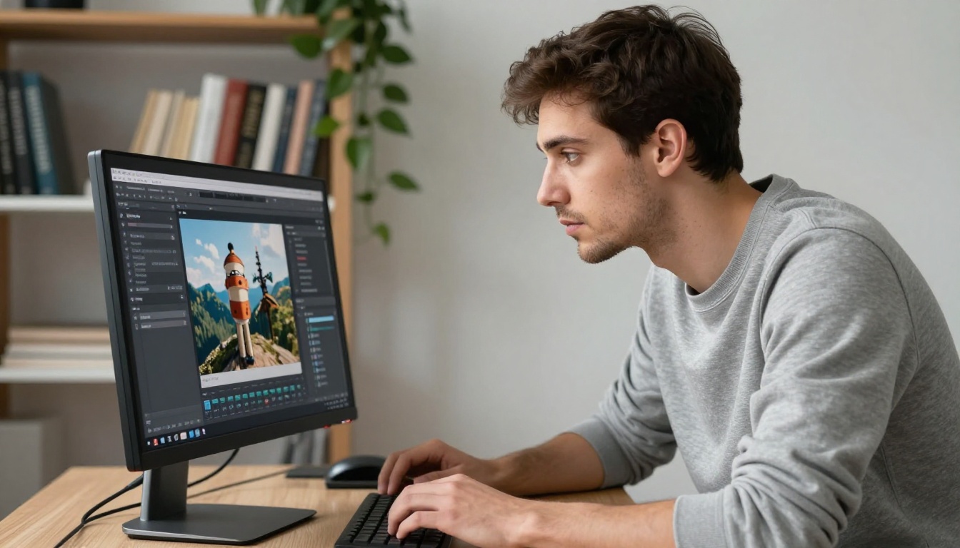Focused young man at a standing desk with a large monitor showing a split-screen of a flipbook editor and an AI writing tool Focused young man at a standing desk with a large monitor showing a split-screen of a flipbook editor and an AI writing tool