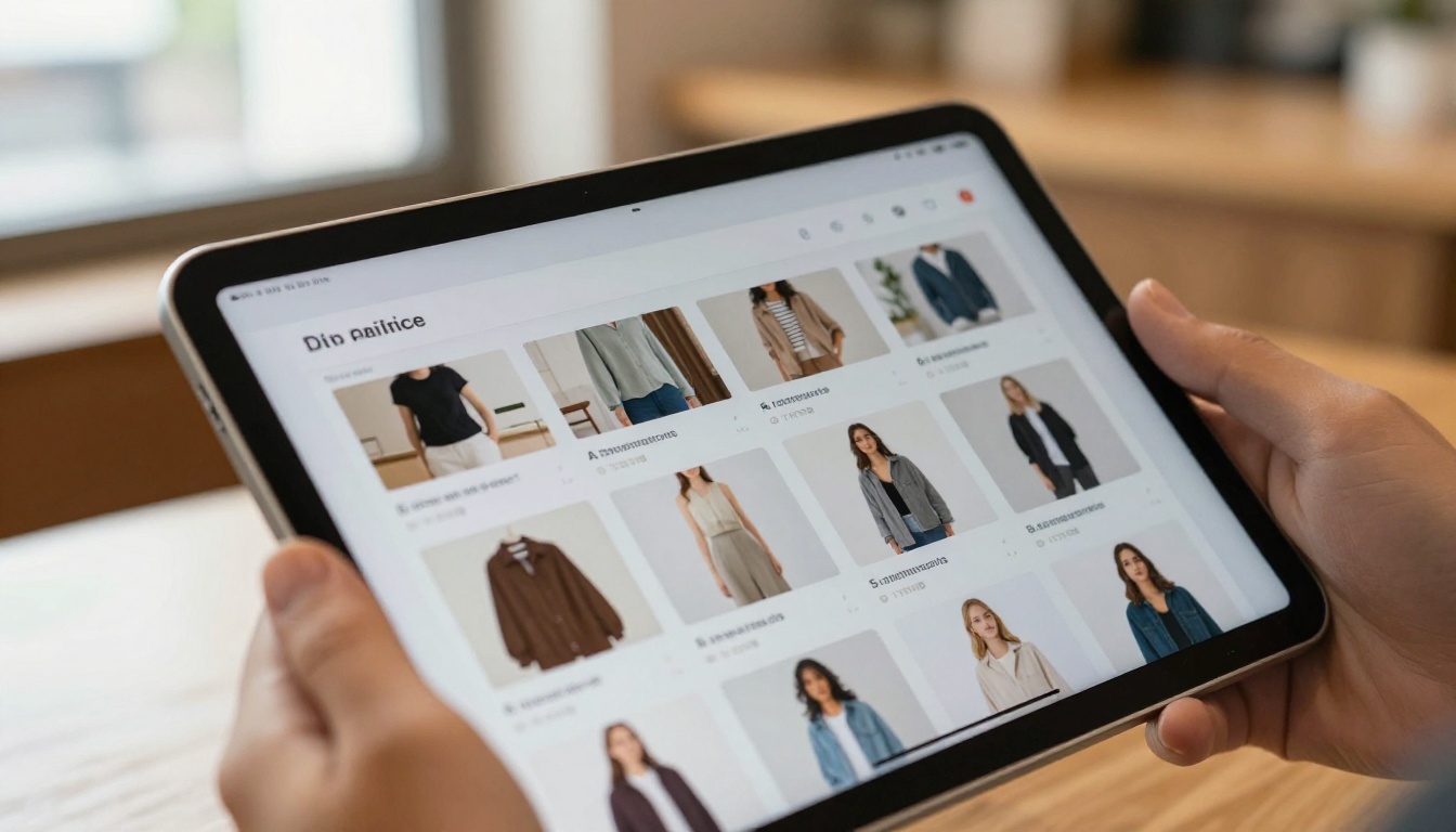 Customer browsing a digital product catalog on a tablet with AI chat support open Customer browsing a digital product catalog on a tablet with AI chat support open