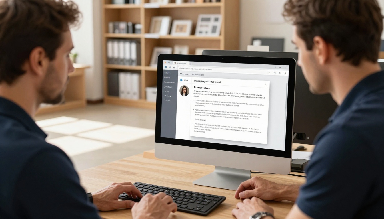 Retail store manager reviewing a furniture catalog with AI chat delivery response on screen Retail store manager reviewing a furniture catalog with AI chat delivery response on screen
