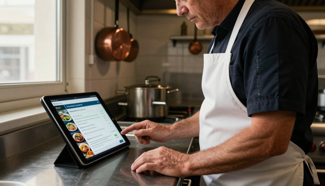 Restaurant owner reviewing digital menu catalog on iPad with AI allergen response visible Restaurant owner reviewing digital menu catalog on iPad with AI allergen response visible
