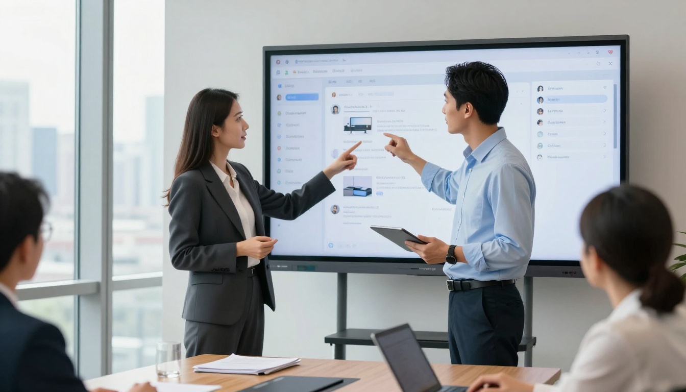 Two professionals in a conference room with a product catalog and AI chat integration on wall display
