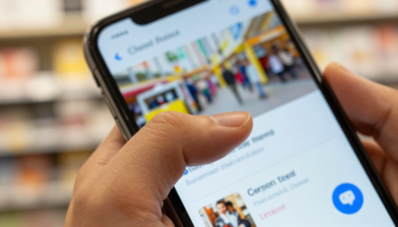 Macro close-up of thumb about to tap AI chat button on a digital catalog smartphone screen