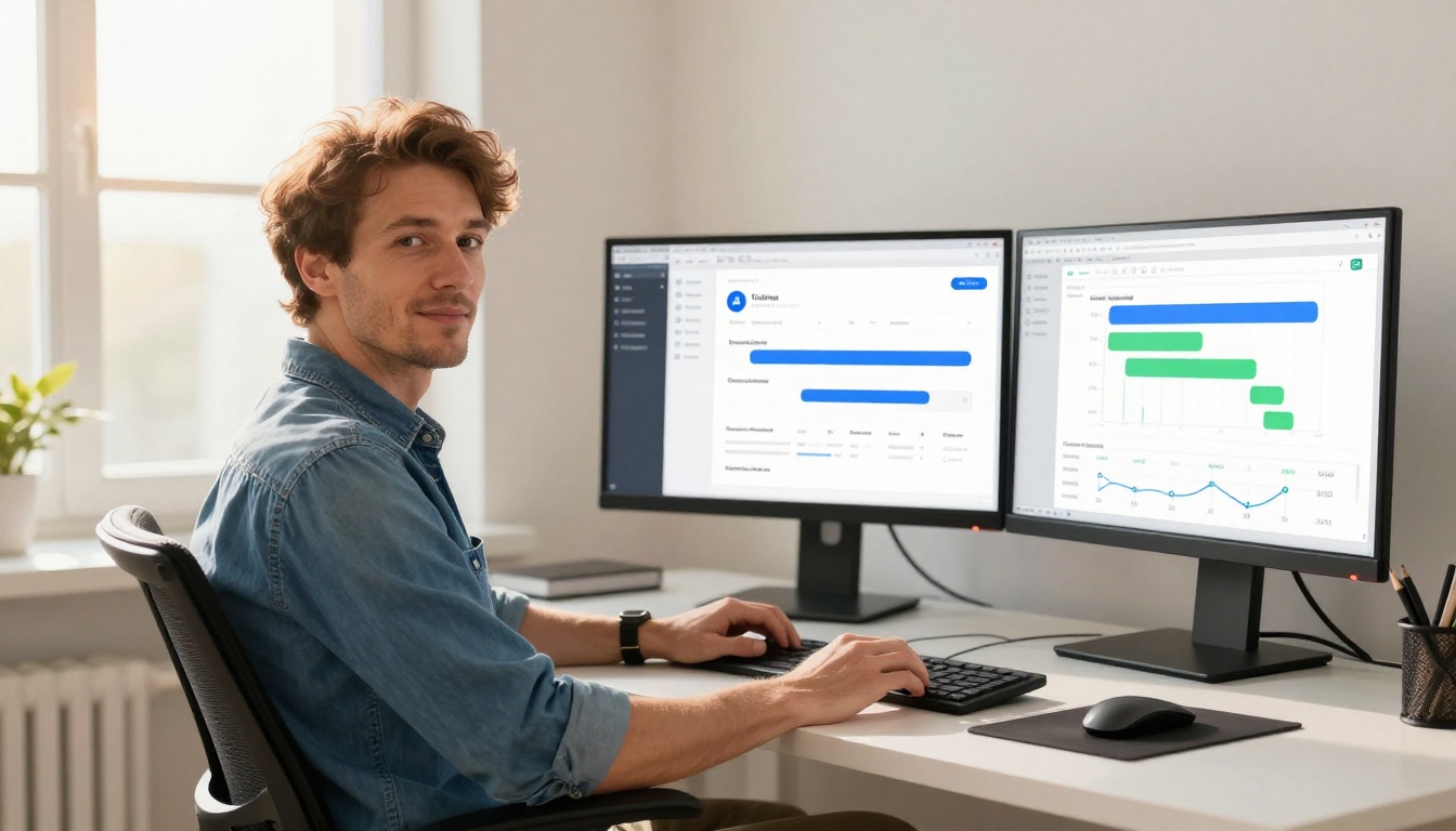 Marketing professional at dual-monitor setup tracking digital catalog chat analytics and conversion data