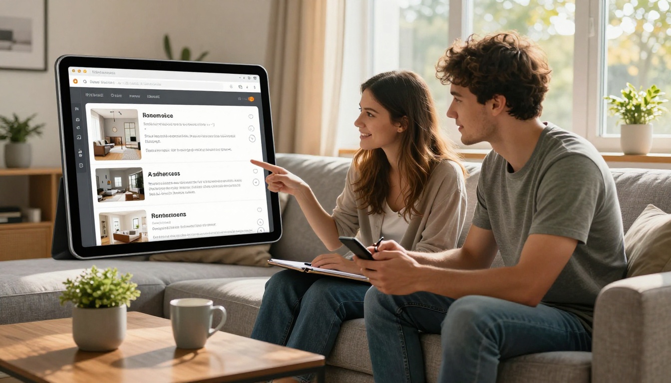 Couple on a sofa using a tablet to browse a home decor catalog with AI furniture recommendations