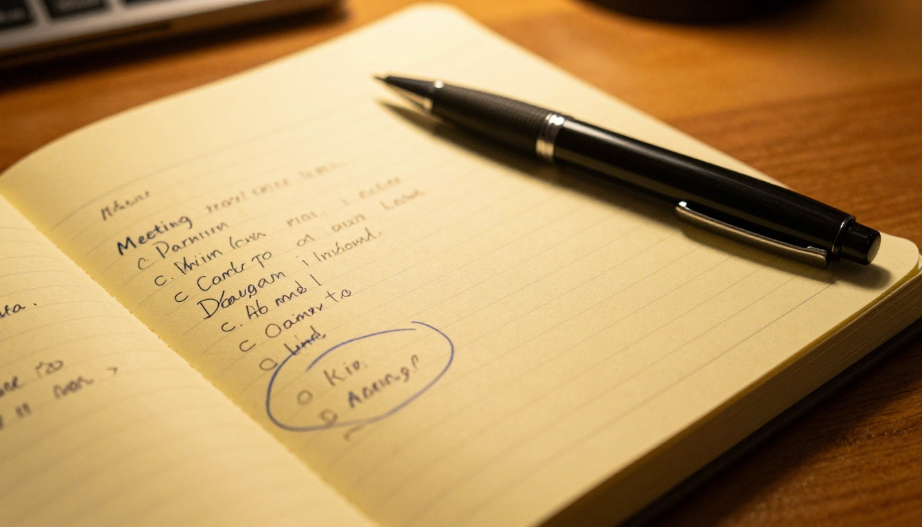 Handwritten meeting notes with action items circled on a legal pad under warm desk lamp light Handwritten meeting notes with action items circled on a legal pad under warm desk lamp light