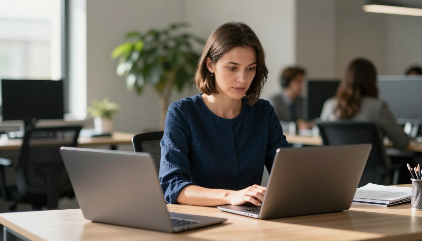 Professional woman focused at a modern standing desk typing on a laptop after a meeting, warm afternoon sunlight streaming from large windows Professional woman focused at a modern standing desk typing on a laptop after a meeting, warm afternoon sunlight streaming from large windows