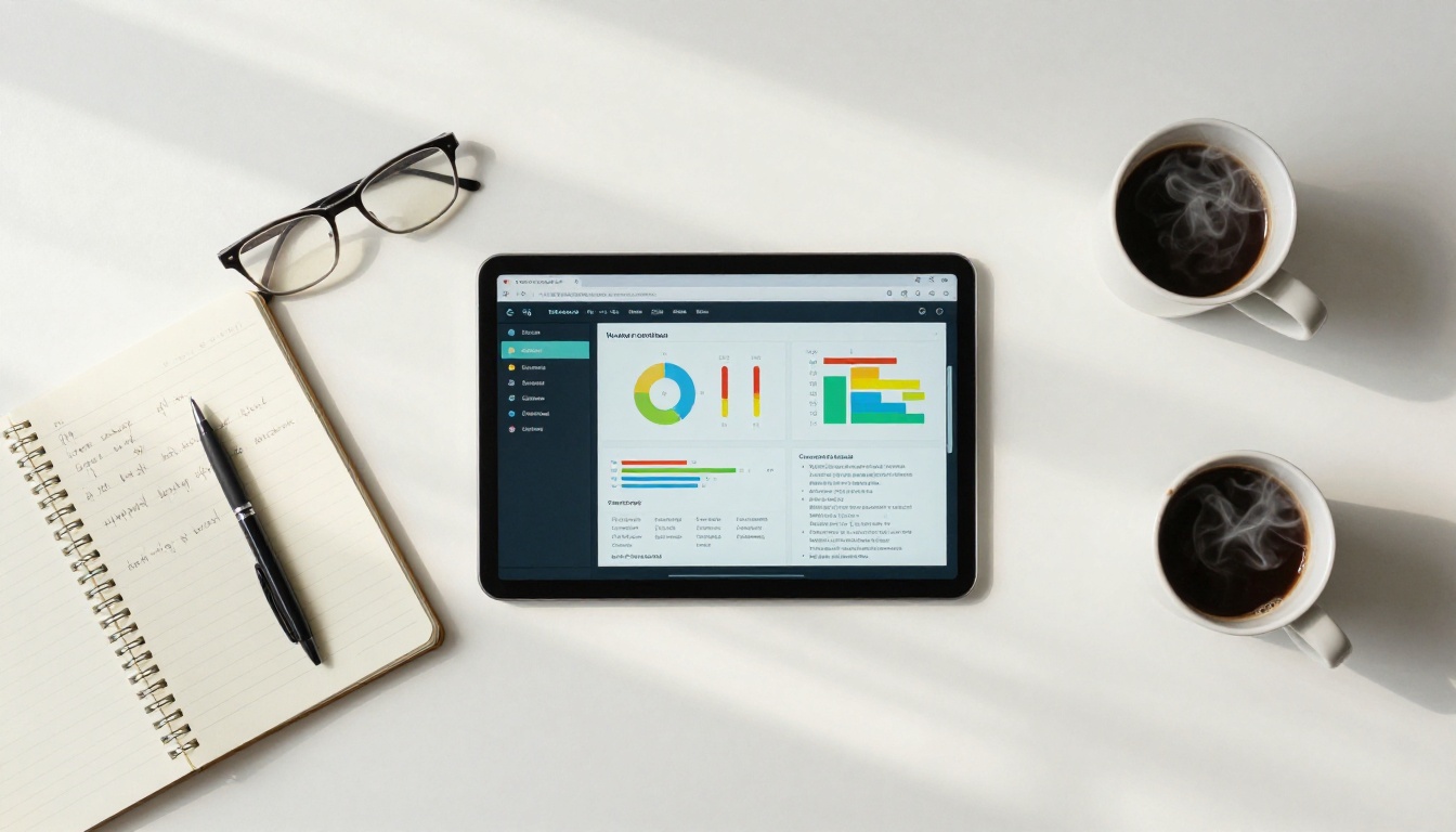 Aerial overhead shot of a modern desk with tablet showing a colorful structured document, open notebook, coffee mug with steam, and reading glasses Aerial overhead shot of a modern desk with tablet showing a colorful structured document, open notebook, coffee mug with steam, and reading glasses