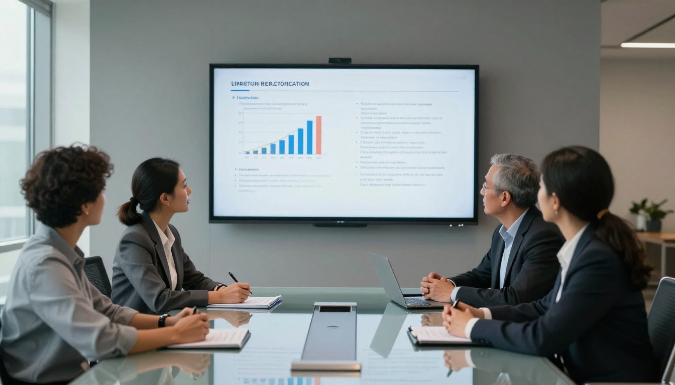 Diverse team of four professionals in a sleek modern boardroom reviewing a structured document on a large wall-mounted screen Diverse team of four professionals in a sleek modern boardroom reviewing a structured document on a large wall-mounted screen