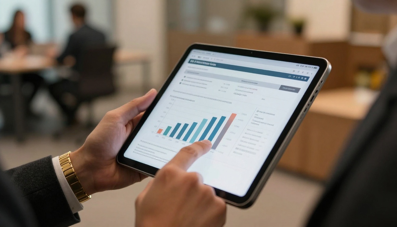 Businessman's hands holding a tablet displaying a beautifully formatted document with a bar chart, dark charcoal suit, blurred office background bokeh Businessman's hands holding a tablet displaying a beautifully formatted document with a bar chart, dark charcoal suit, blurred office background bokeh