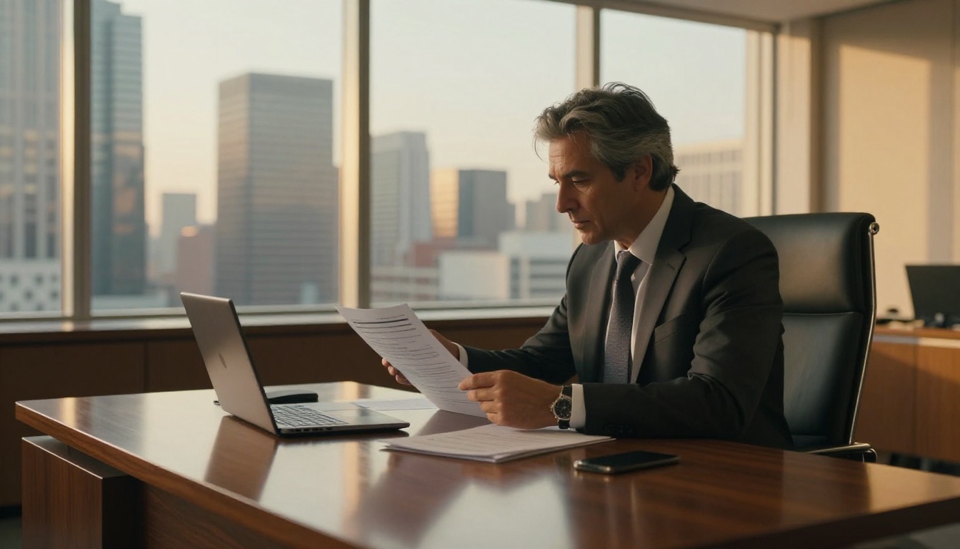 Executive man with salt-and-pepper hair reviewing notes at a mahogany desk with expansive city skyline in golden hour light