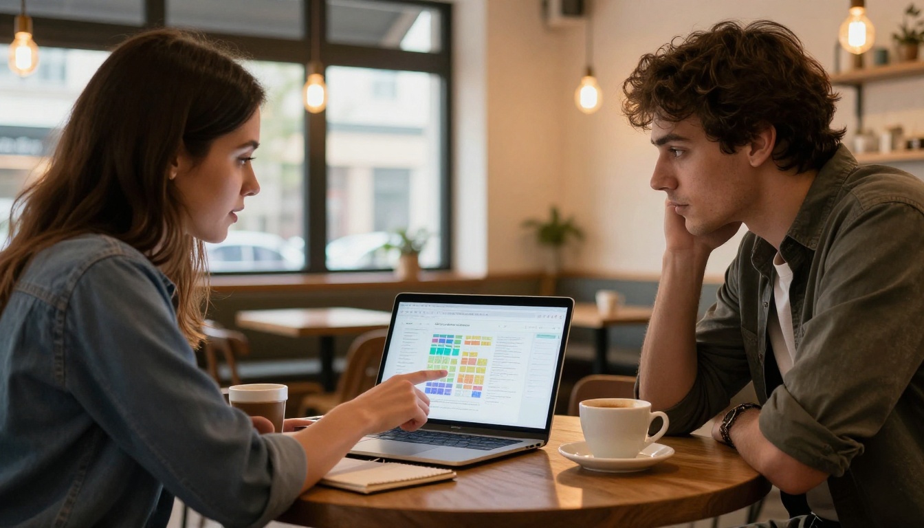 Two professionals sharing a laptop at a café meeting table, warm overhead pendant lights, coffee cups and notebooks on the wooden surface