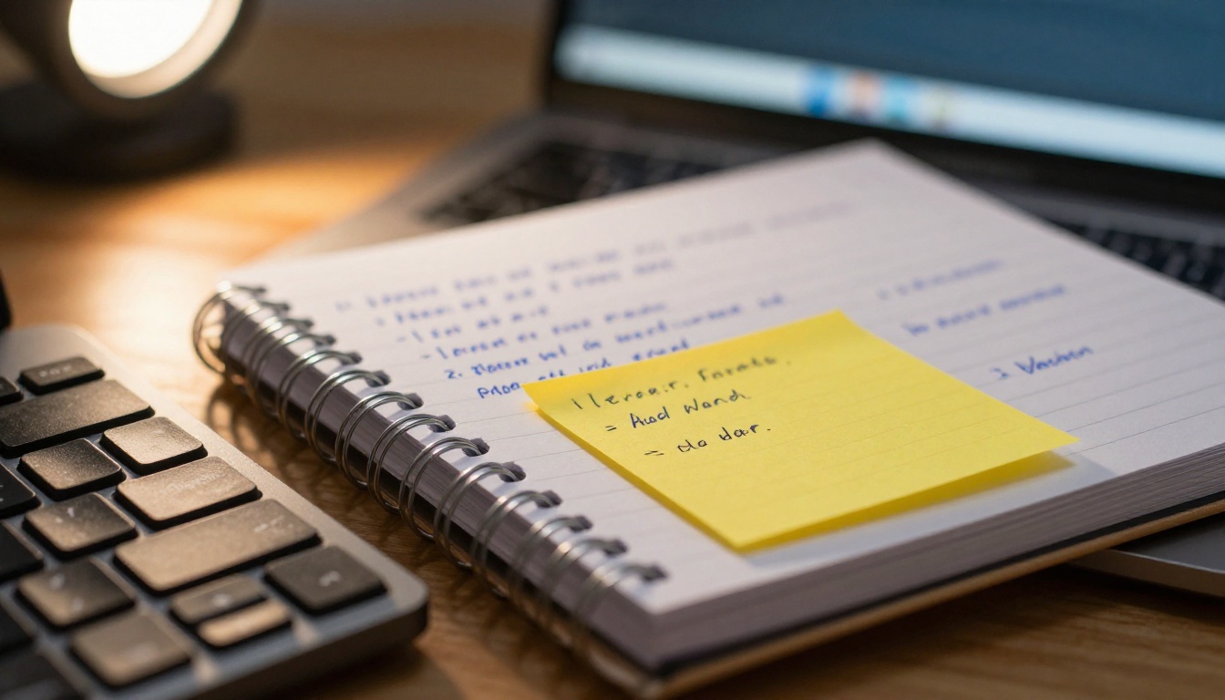 Close-up of a mechanical keyboard beside a spiral notebook with shorthand meeting notes and yellow sticky notes, warm desk lamp light