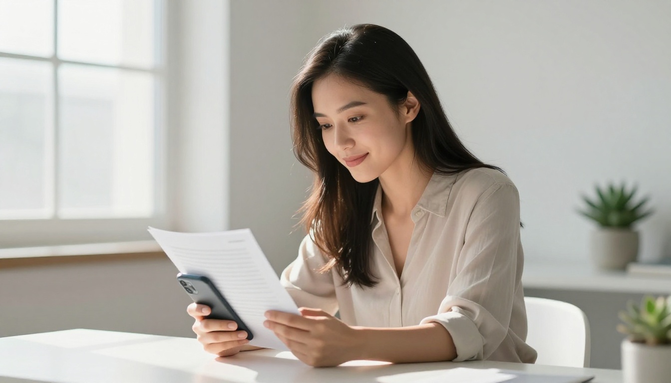Professional woman in late twenties reviewing content on her phone in a bright minimal modern workspace, natural window light from the left, white desk with succulent plant