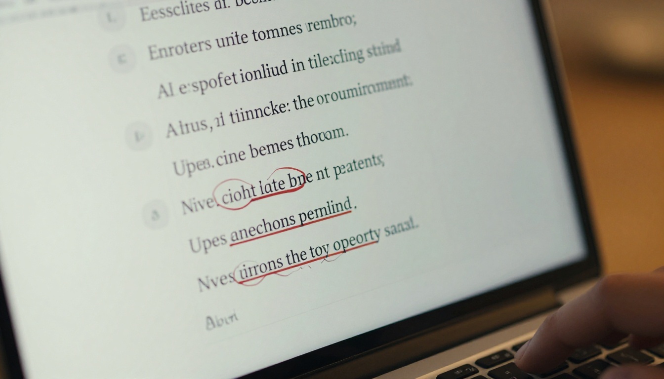 AI proofreading text document close-up on laptop screen