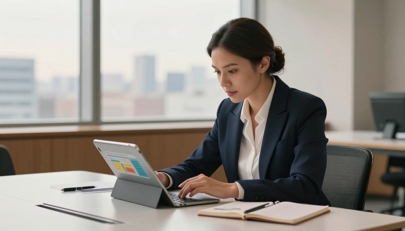 Professional woman reviewing digital flipbook on tablet in conference room