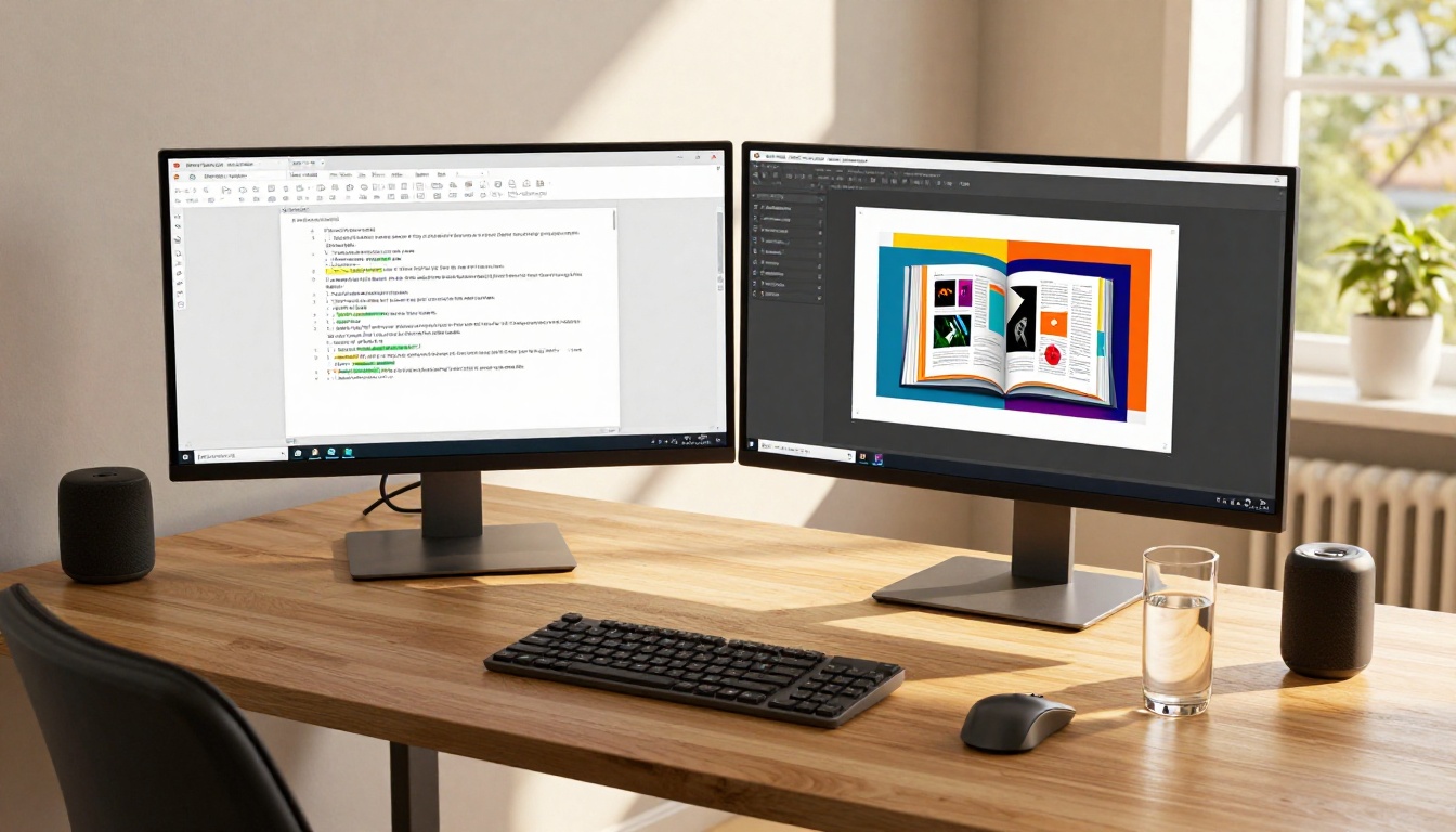 Modern dual monitor home office setup for document review and flipbook preview