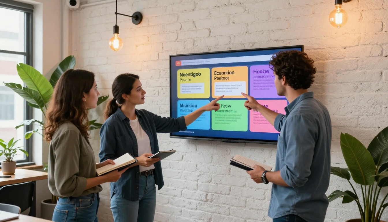 Diverse team collaborating around screen showing digital flipbook in creative workspace