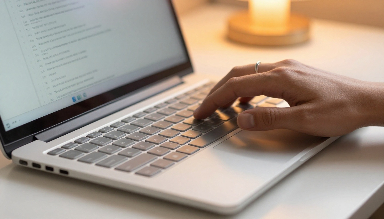 Close-up of hands typing AI proofreading query on laptop keyboard with screen visible