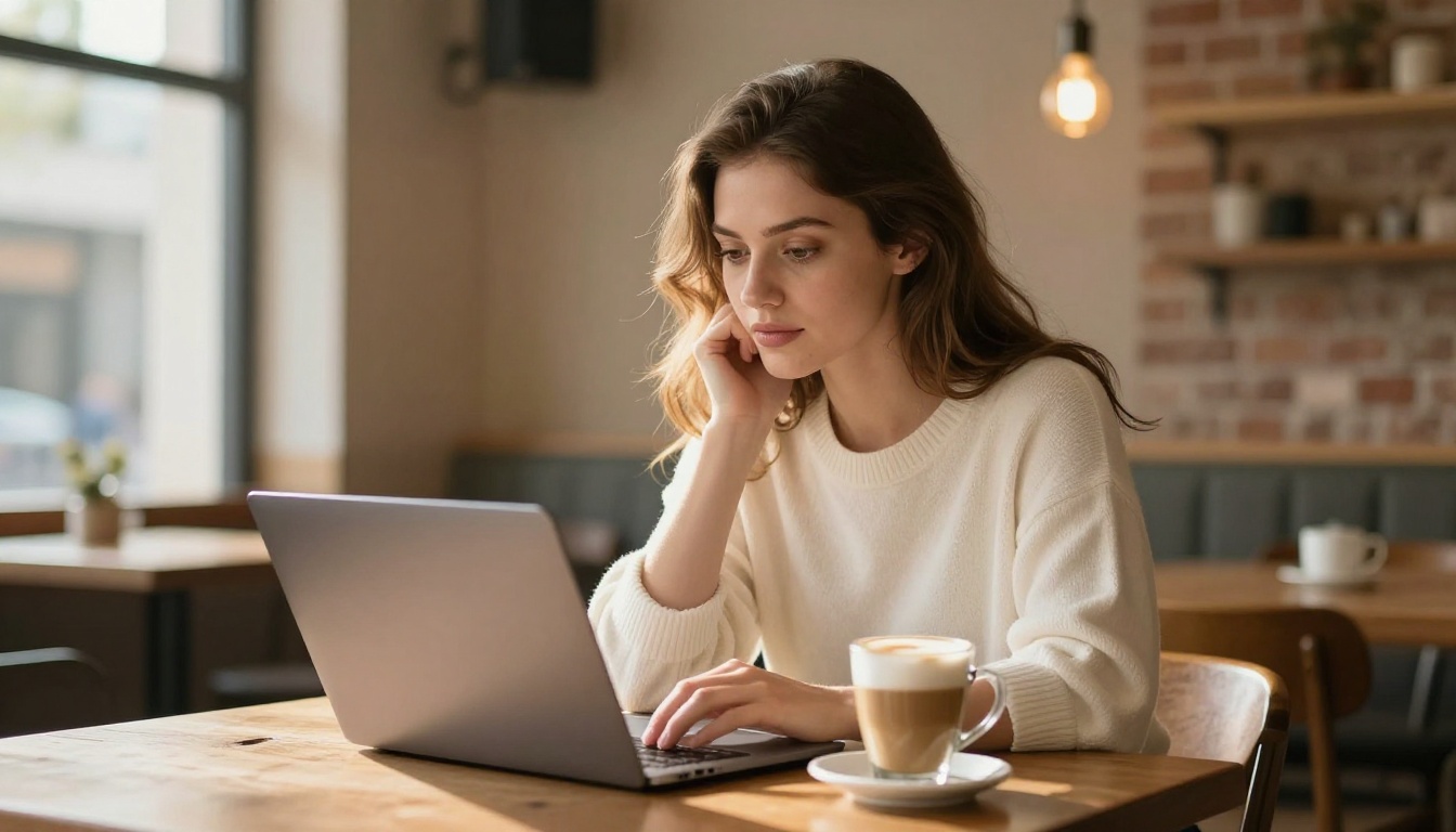 Stylish woman reviewing digital publication on laptop in warm sunlit cafe Stylish woman reviewing digital publication on laptop in warm sunlit cafe