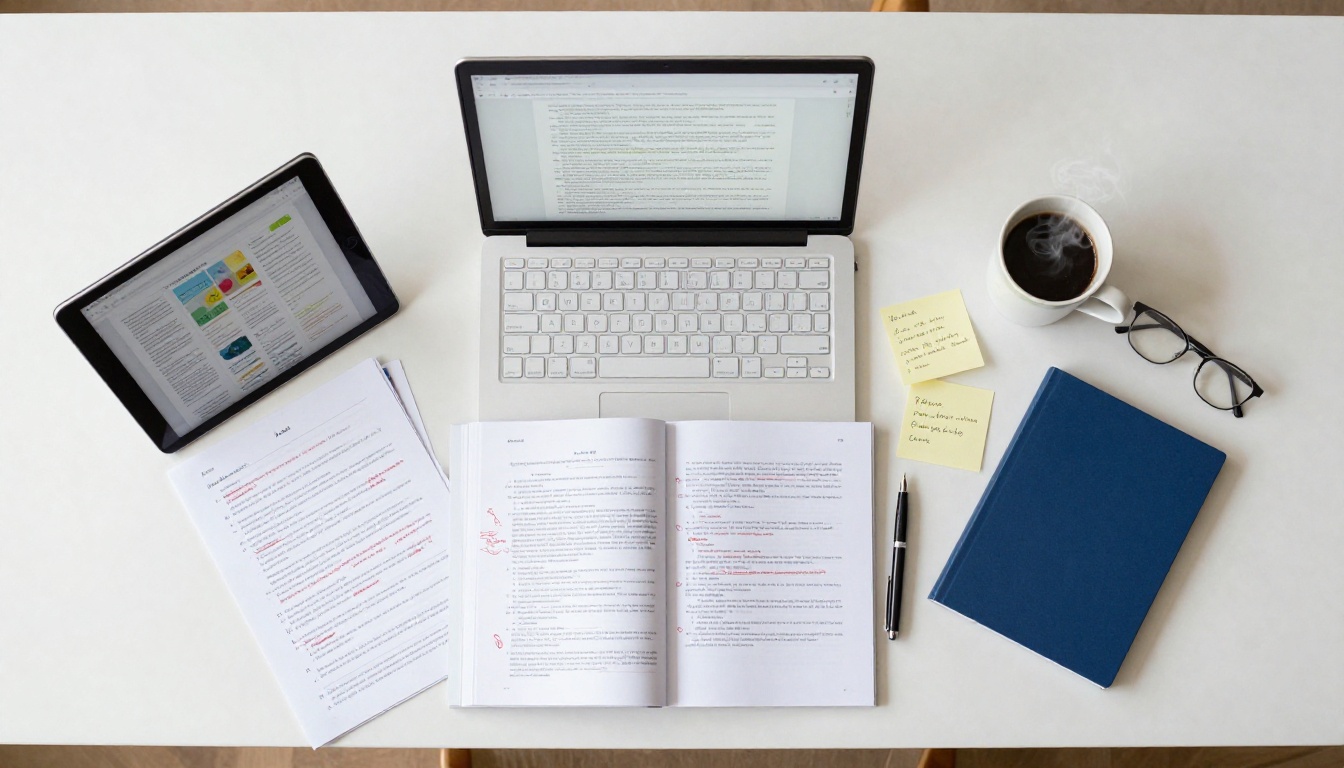 Aerial overhead flat-lay of proofreading workflow with laptop, tablet, printed pages and annotations on white marble desk Aerial overhead flat-lay of proofreading workflow with laptop, tablet, printed pages and annotations on white marble desk