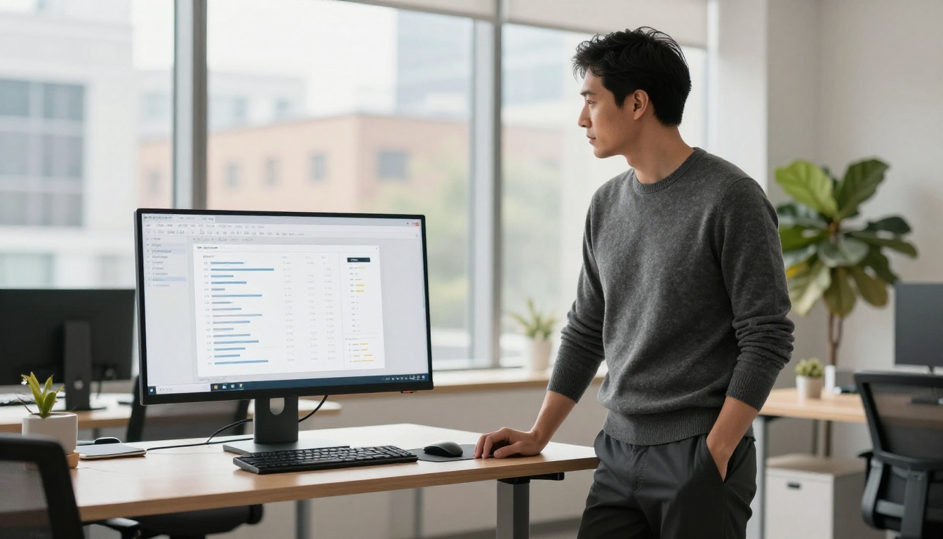 Professional standing at desk reviewing document quality metrics on large monitor Professional standing at desk reviewing document quality metrics on large monitor