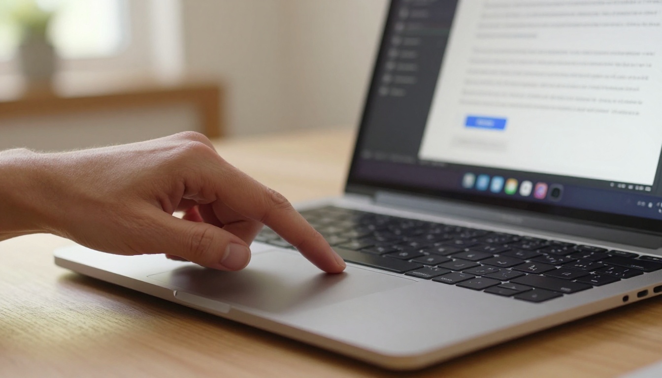 Hand poised above laptop trackpad about to click publish on clean digital flipbook Hand poised above laptop trackpad about to click publish on clean digital flipbook