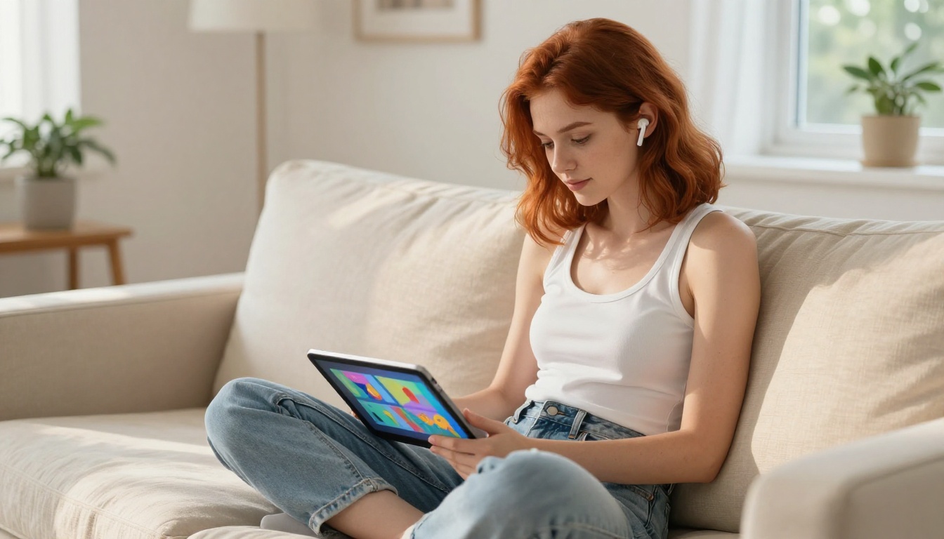 Woman listening to flipbook content on tablet at home