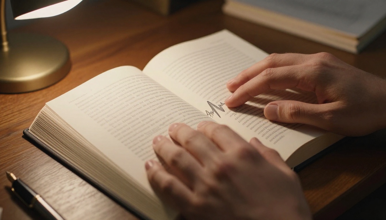 Close-up of hands on open book pages with sound wave detail